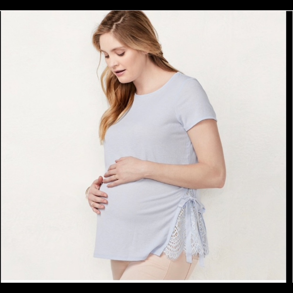 LC maternity size small blue crepe top with lace insets.